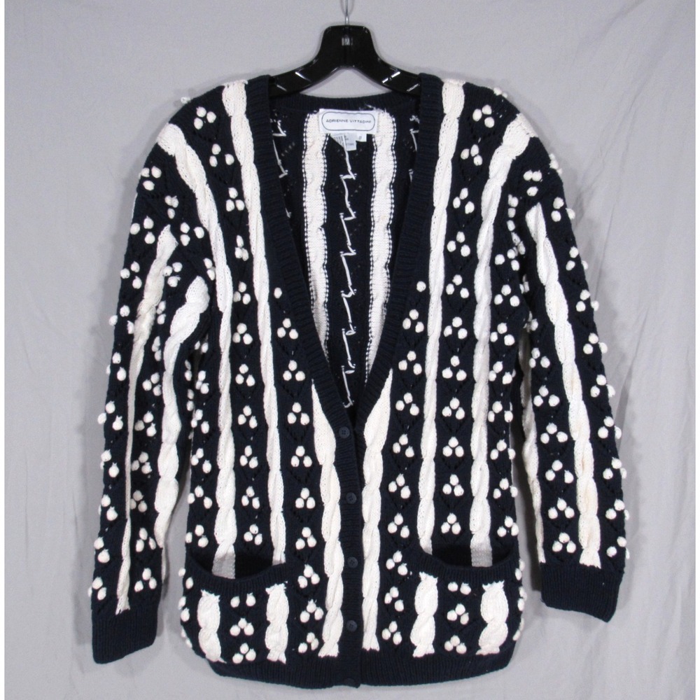 ADRIENNE VITTADINI Navy/White CABLE KNIT Pom Pom BUTTON-UP Sweater Cardigan Sz S
